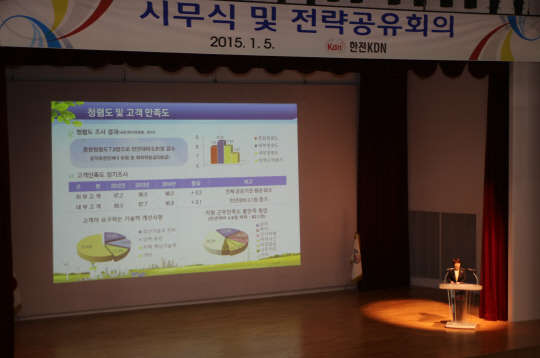 5일 한전KDN 본사에서 임수경 사장이 사장 경영방침을 프리젠테이션을 통해 밝히는 시무식을 진행하고 있다.      한전KDN 제공.